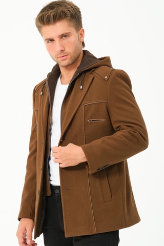 Manteau regular en laine à capuche - Marron