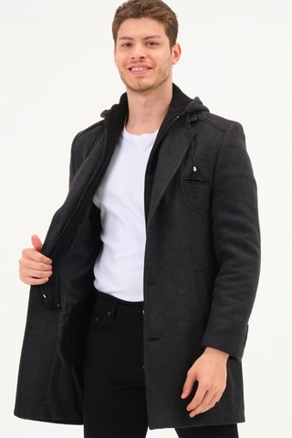 Manteau à capuche en laine - Noir