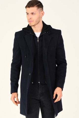 Manteau à capuche en laine - Bleu foncé