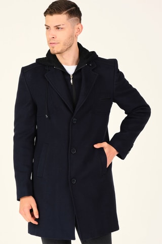 Manteau à capuche en laine - Bleu foncé