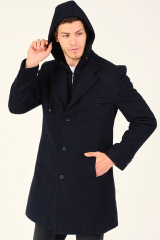 Manteau à capuche en laine - Bleu foncé