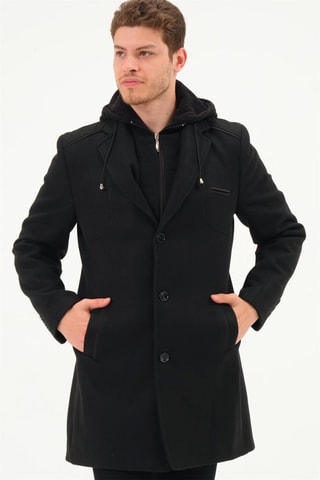 Manteau à capuche en laine - Noir