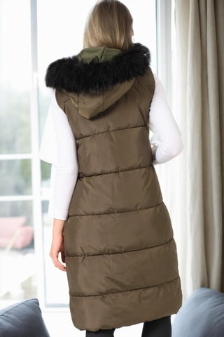 Lange Mouwloze Gewatteerde Jas met Capuchon - Zwart en groen