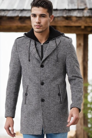 Manteau à capuche en laine - Noir et gris