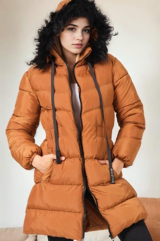 Lange gewatteerde jas met capuchon - Zwart en bruin