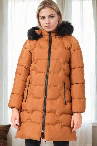 Lange gewatteerde jas met capuchon - Zwart en bruin