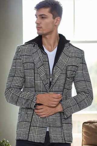 Manteau regular en laine à capuche - Blanc et noir