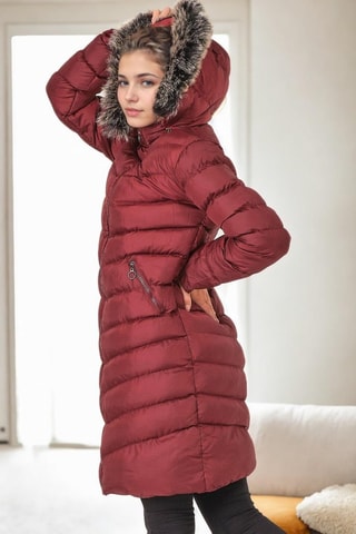 Lange gewatteerde jas met capuchon - Rood