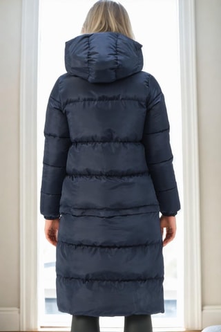 Lange gewatteerde jas met capuchon - Blauw