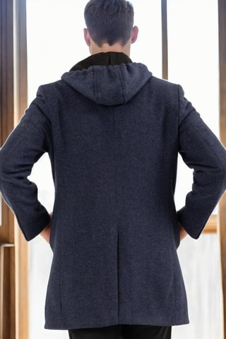 Manteau à capuche en laine - Noir et bleu