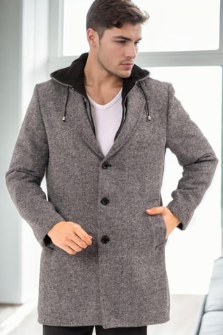 Manteau à capuche en laine - Noir et gris