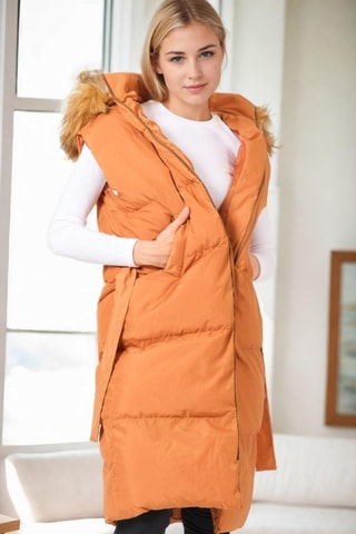 Lange Mouwloze Gewatteerde Jas met Capuchon - Bruin en oranje