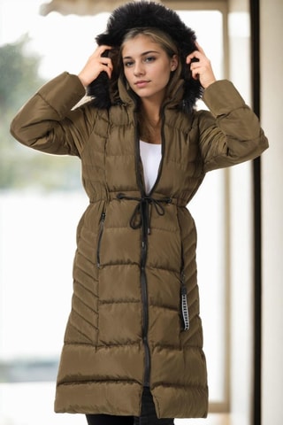 Lange gewatteerde jas met capuchon - Zwart en groen