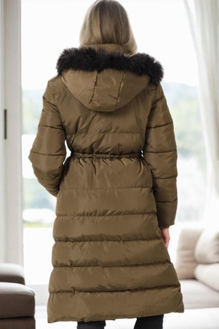 Lange gewatteerde jas met capuchon - Zwart en groen