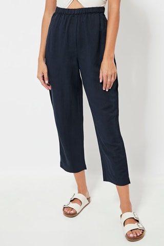 Pantalon slim 7/8 en lin taille haute - Bleu marine