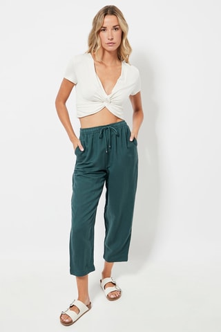 Pantalon relaxed en lin taille haute - Vert foncé
