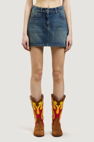 ##Jupe droite en jean et cuir - Bleu