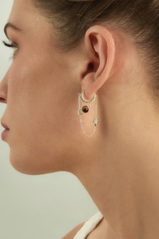 Boucle d'oreille Nova - Argent, zircons et œil-de-tigre