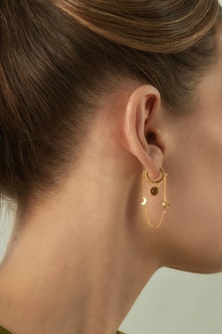 Boucle d'oreille Nova - Argent plaqué or jaune, zircons et œil-de-tigre