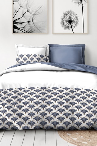 Parure de couette en percale de coton 80 fils/cm² L'élégante - Blanc et bleu nuit