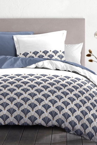 Parure de couette en percale de coton 80 fils/cm² L'élégante - Blanc et bleu nuit