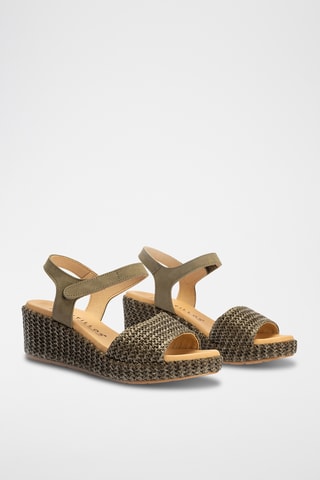 Sandali con zeppa in pelle scamosciata - Kaki