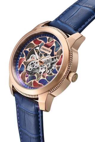 Reloj automático de piel Emmanuel - Azul y rosa dorado
