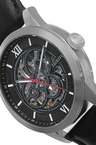 Reloj automático de piel Jonas - Negro y plateado