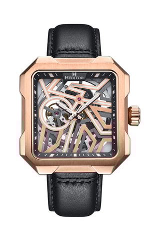 Reloj esqueleto automático japonés de piel - Negro y rosa dorado