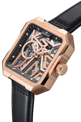 Reloj esqueleto automático japonés de piel - Negro y rosa dorado