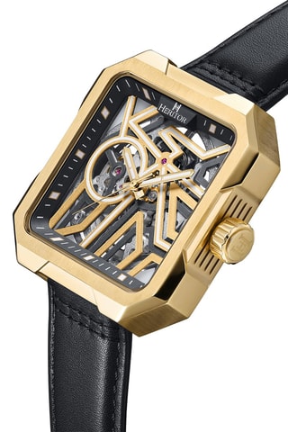 Reloj esqueleto automático japonés de piel - Negro y dorado