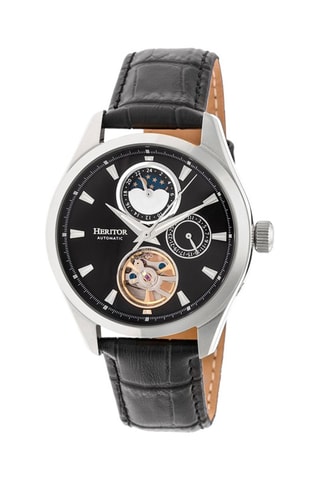 Reloj automático de piel Sebastian - Negro y plateado