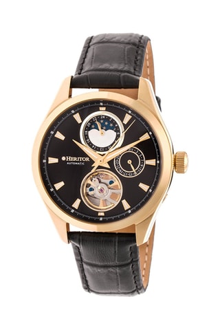 Reloj automático de piel Sebastian - Negro y dorado