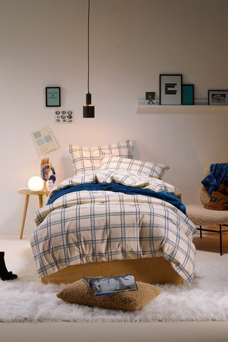 Parure copripiumino in flanella di cotone 57 fili/cm²  - Crema e blu