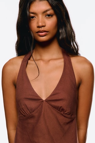 Vestido trapecio de lino - Marrón