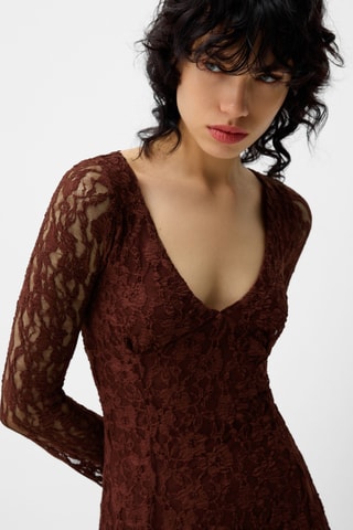 Vestido trapecio de encaje - Marrón