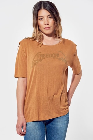 Linnen T-shirt Regular Dree - Gemêleerd Camel