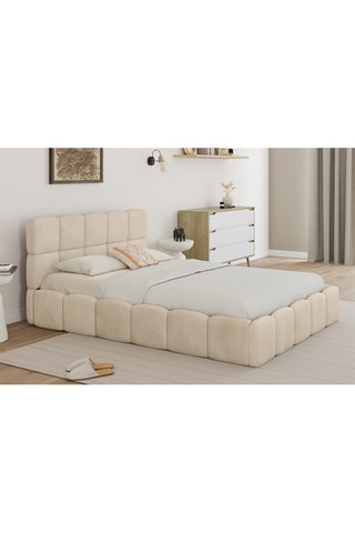 Lit coffre Bubble en velours beige avec sommier et tête de lit 140x190cm