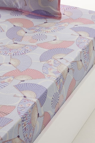 Drap-housse en coton Princesse aux éventails - 57 fils/cm² - Ciel