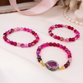 Bracciale - Ottone placcato oro & agata rosa 