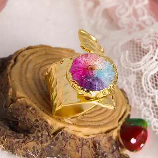 Anello regolabile - Ottone placcato oro e quarzo