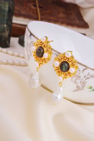 Orecchini laminato oro fino giallo - Perle e labradorite