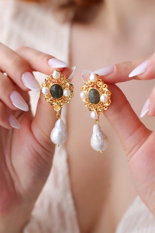 Orecchini laminato oro fino giallo - Perle e labradorite