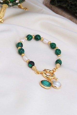 Bracciale - Laminato oro giallo, malachiti e perle coltivate