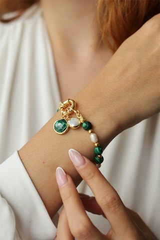 Bracciale - Laminato oro giallo, malachiti e perle coltivate