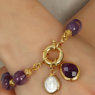 Bracelet - Laiton plaqué or, améthyste & perle 
