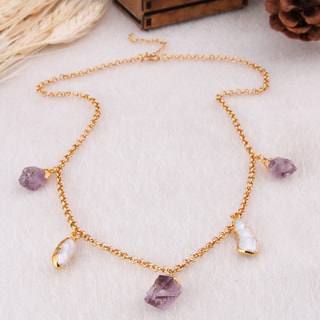 Collana - Ottone placcato oro, ametista e perla