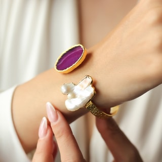 Bracciale - Ottone placcato oro, agata e perla