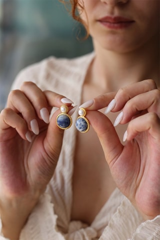 Orecchini laminato oro fino giallo - Perle e zaffiri