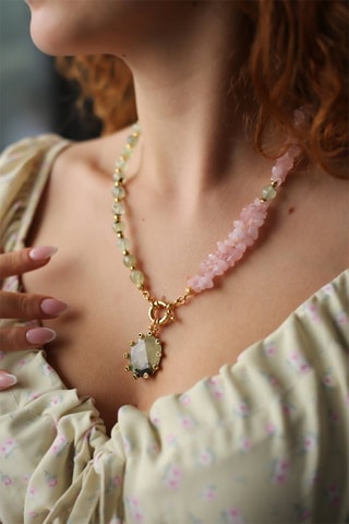 Collana - Laminato oro giallo, prehniti e quarzo